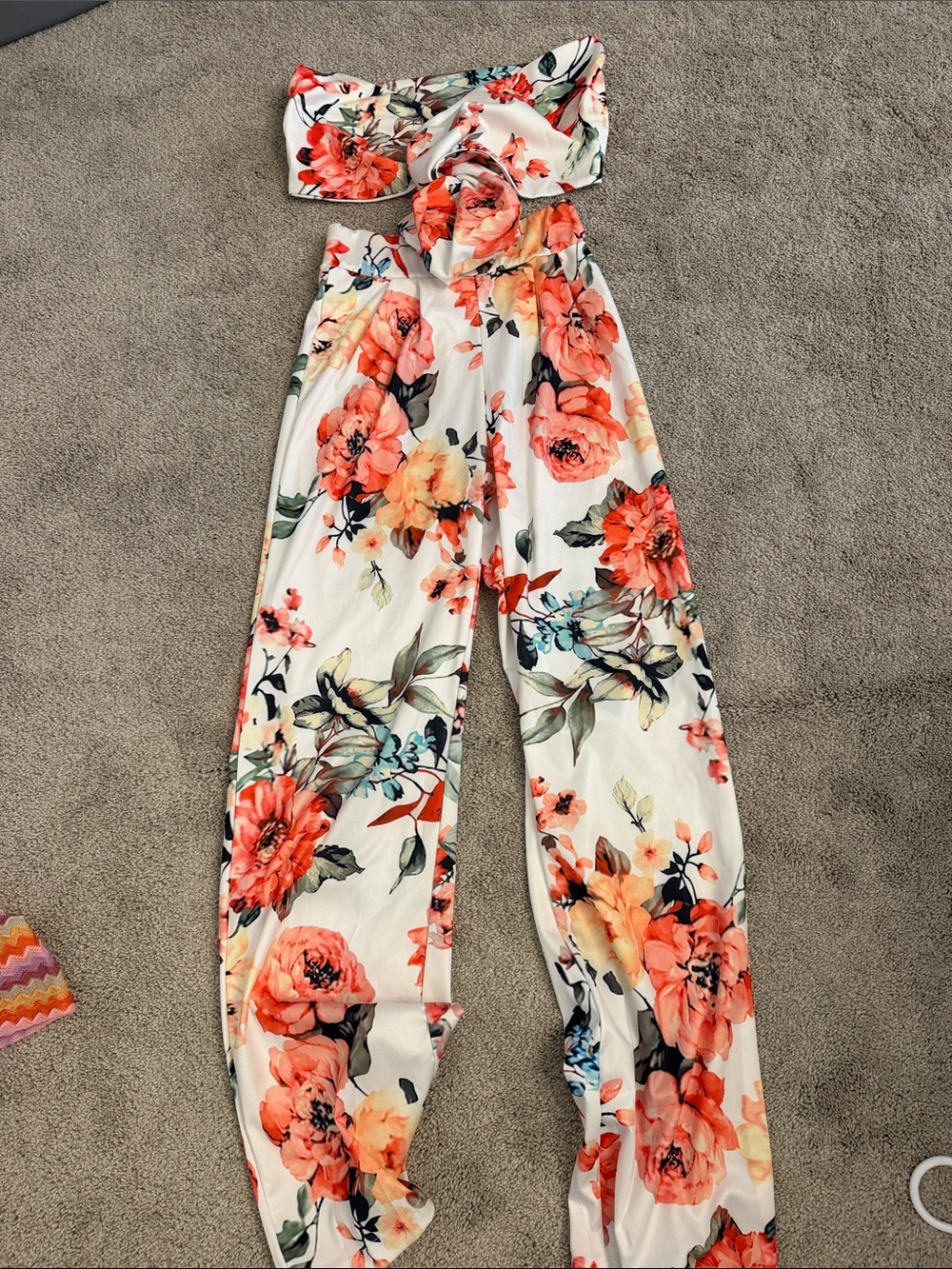 Floral Strapless Wide-Leg Jumpsuit in Cream and Coral